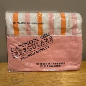 Vintage Cannon Muslin Pink Orange Stripes Full Flat Sheet Irregular Cotton Blend